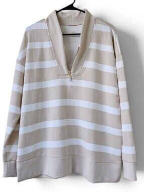 Belle By Kim Gravel ScubaLuxe Half Zip Striped Tunic Tan & Ivory NWOT Size L